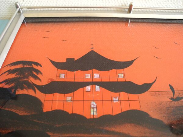 Plateau art déco style asiatique pagode antique tray décor japonisant