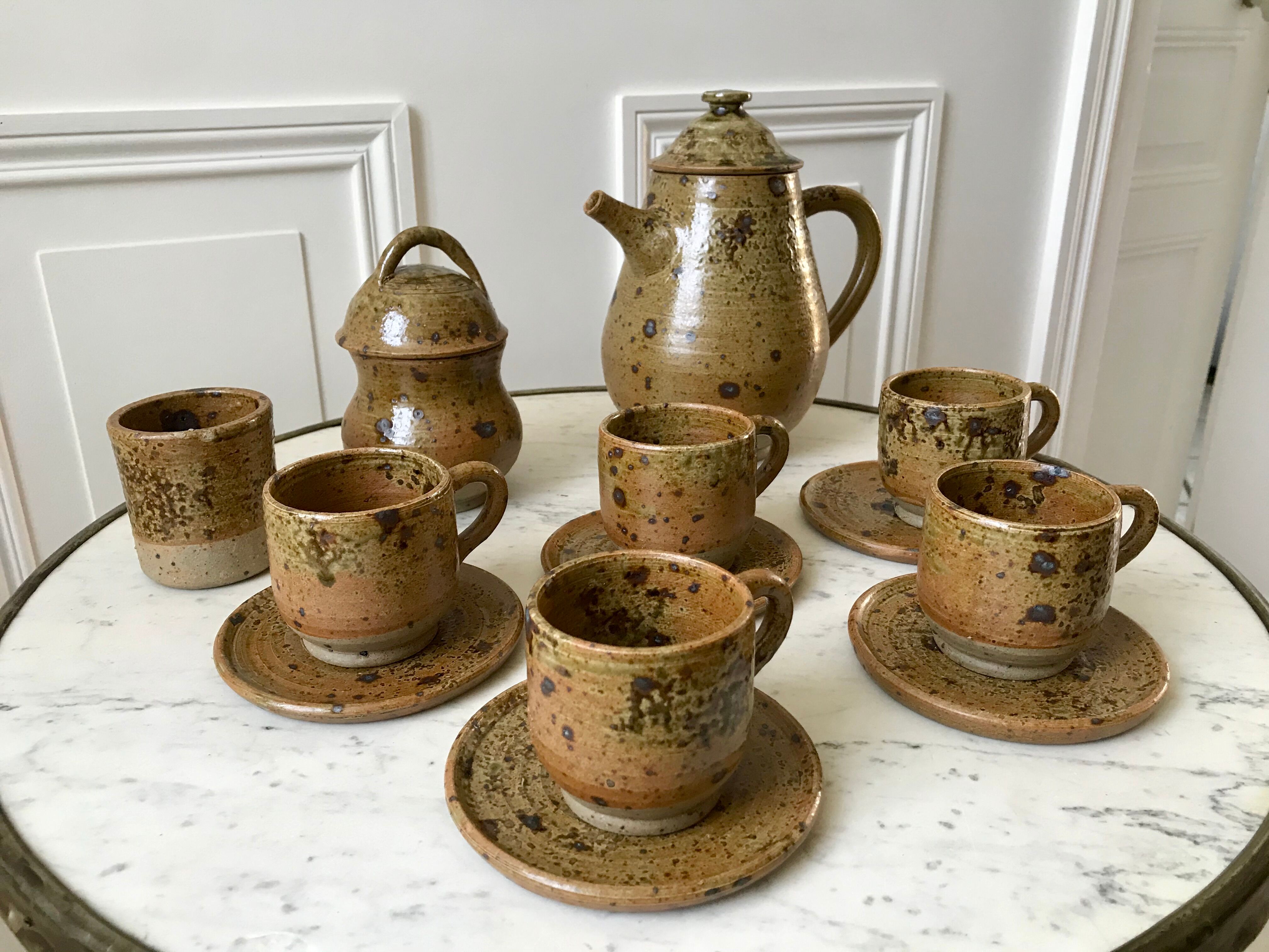 coffee service 6 cups and saucers, teapot and sugar bowl in ceramic / pottery / stoneware years 50-6