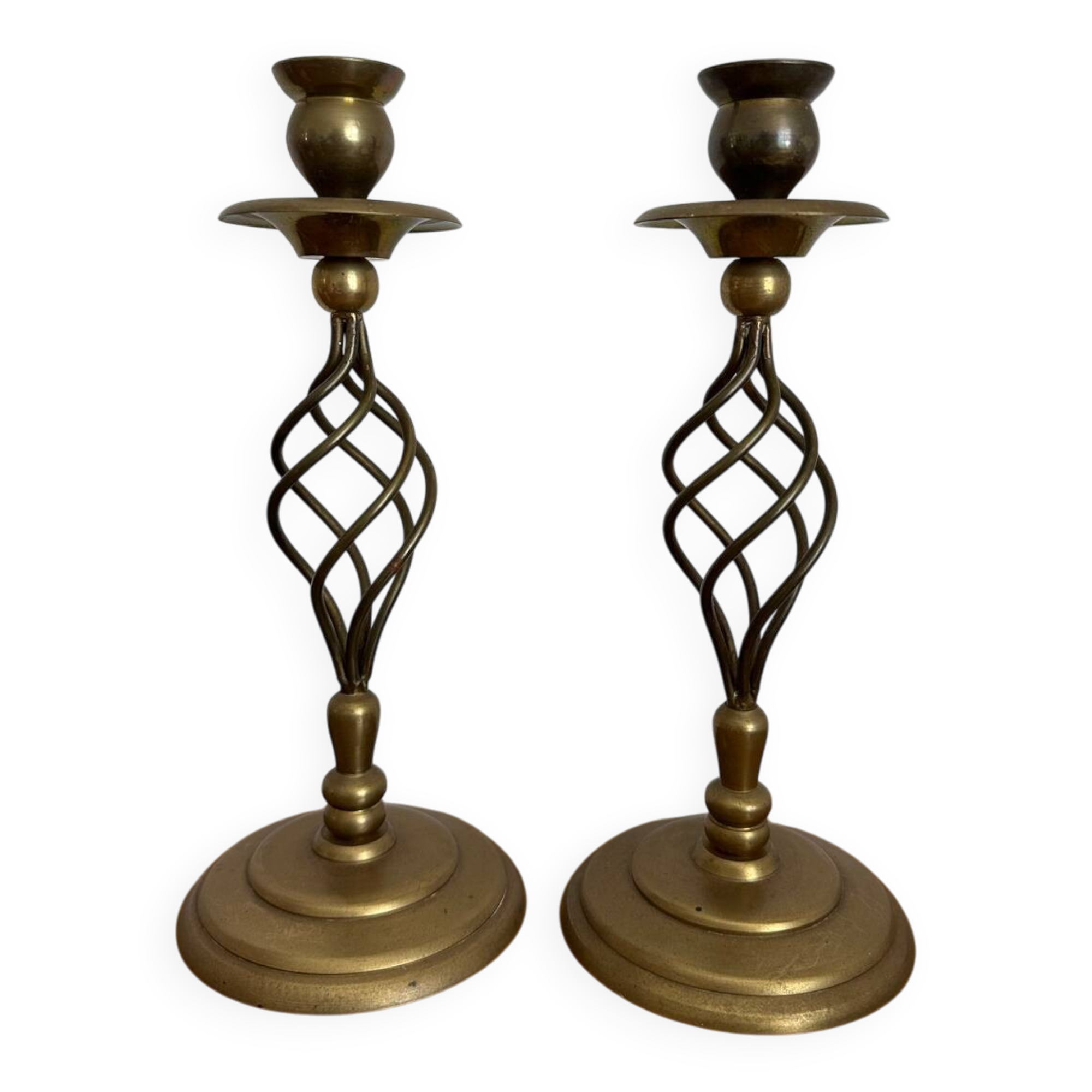 2 vintage twisted brass candle holders