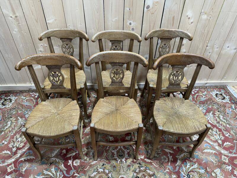 Suite de 6 chaises paillées provençales en chêne massif.