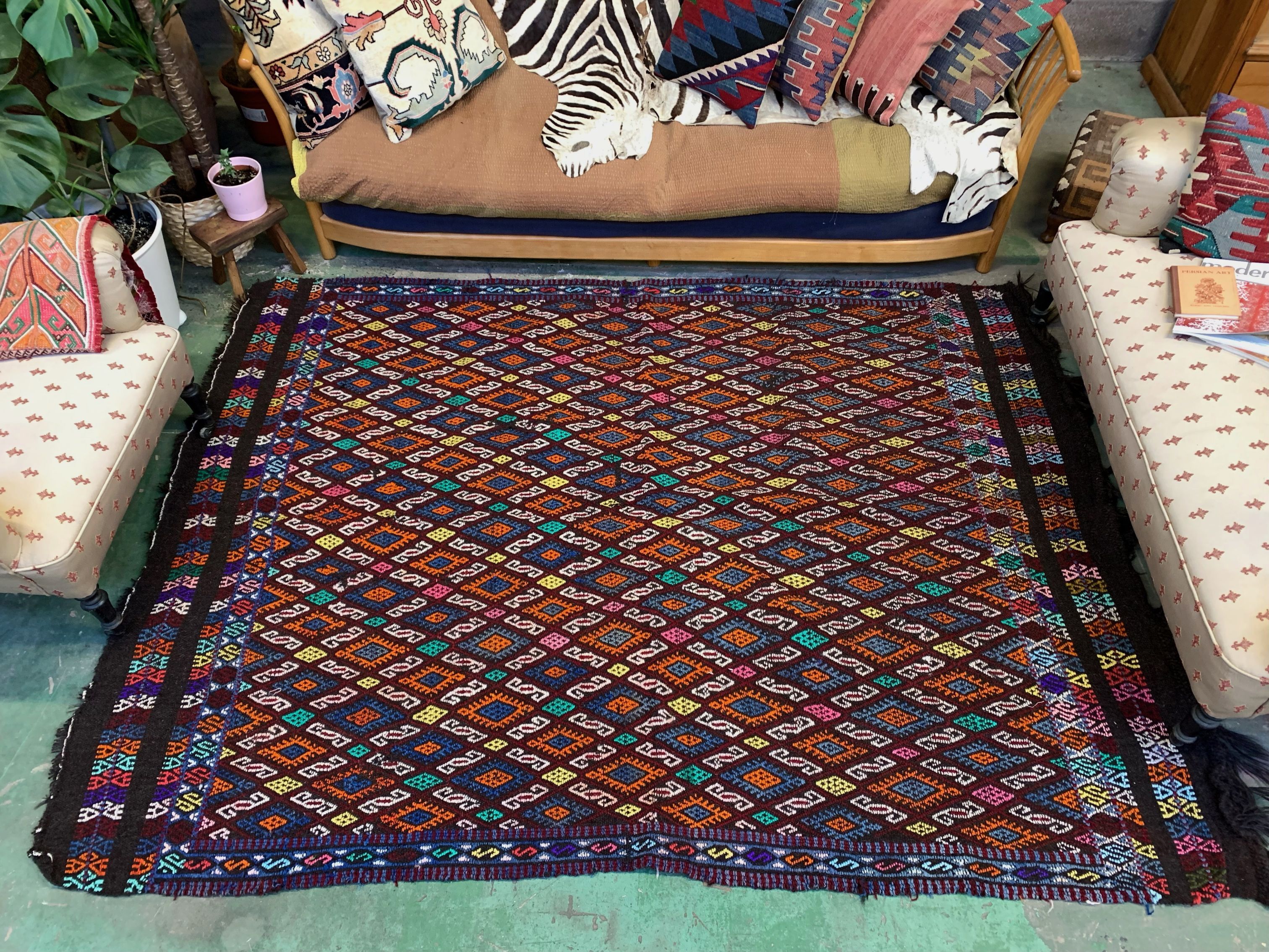 Large Vintage Turkish Kilim Rug 236x175 cm Wool Jajim Kelim