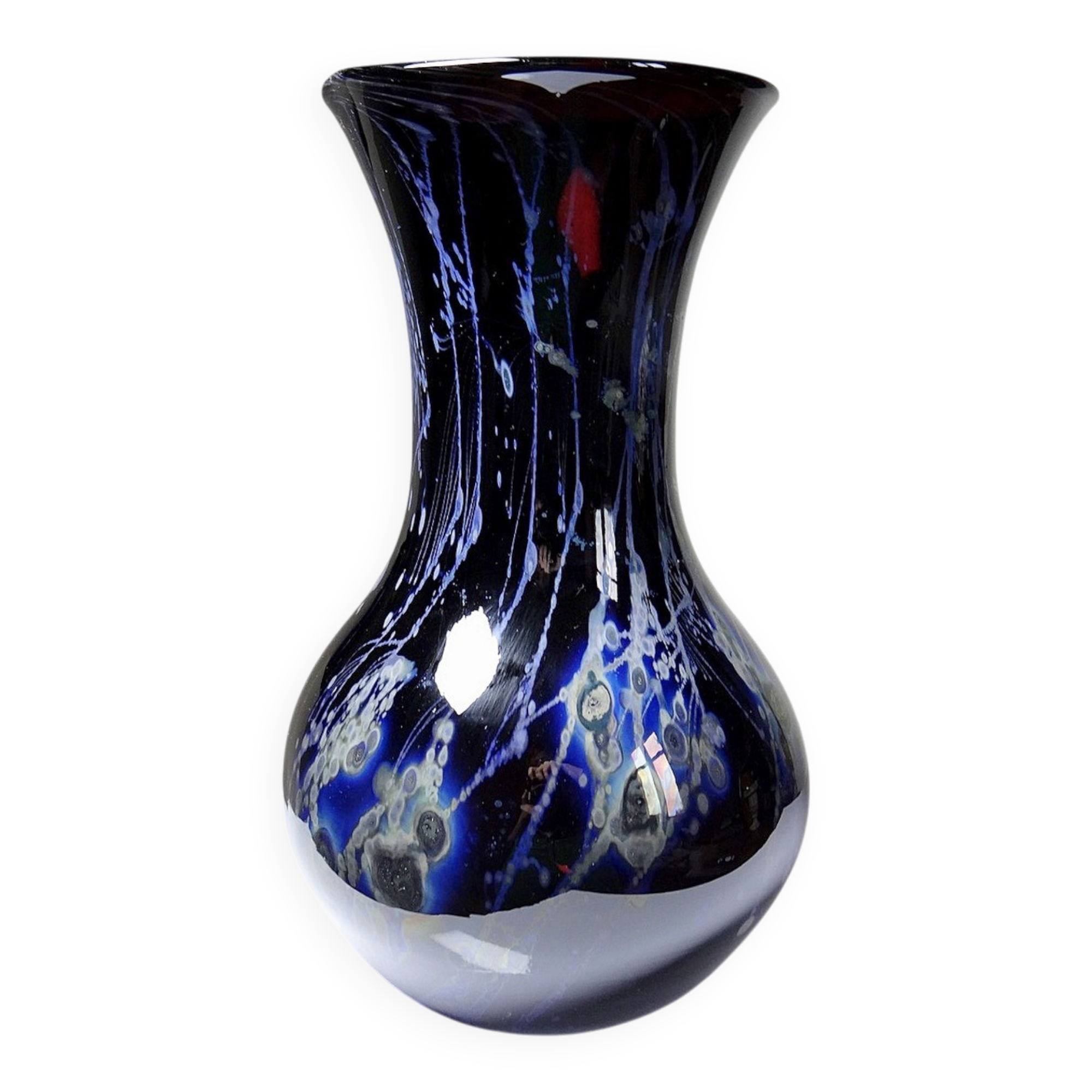 Large vintage purple art glass vase with silver glitter inclusions.
