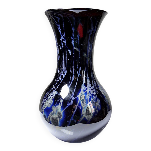 Grand vase verrerie d'art violet à inclusions paillerons d'argent vintage