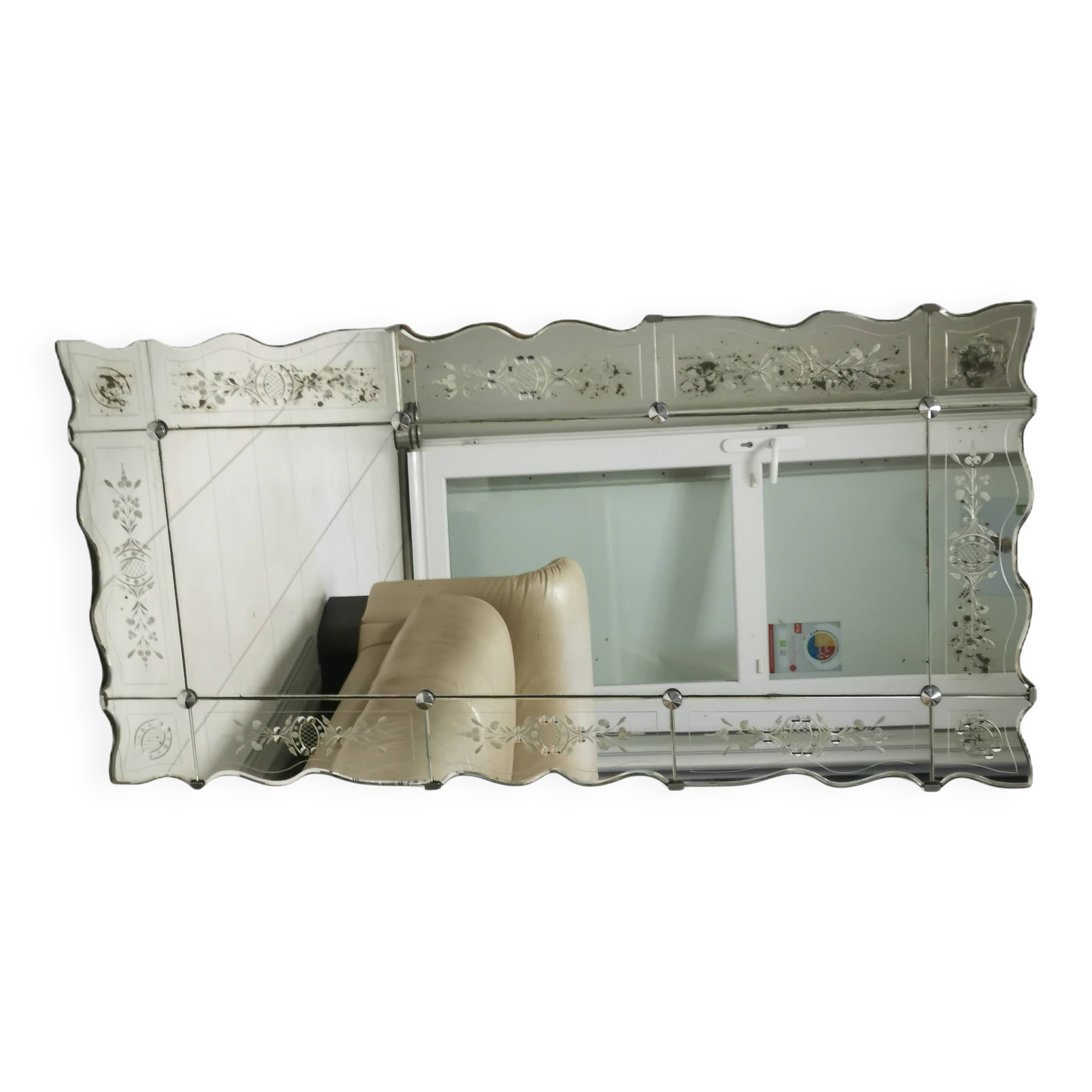 Vintage rectangular / panoramic mirror in Murano style, Venetian Art Deco