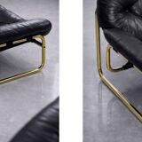 Vintage Mid-Century Scandinavian Modern Glamour Leather Black & Gold Sofa