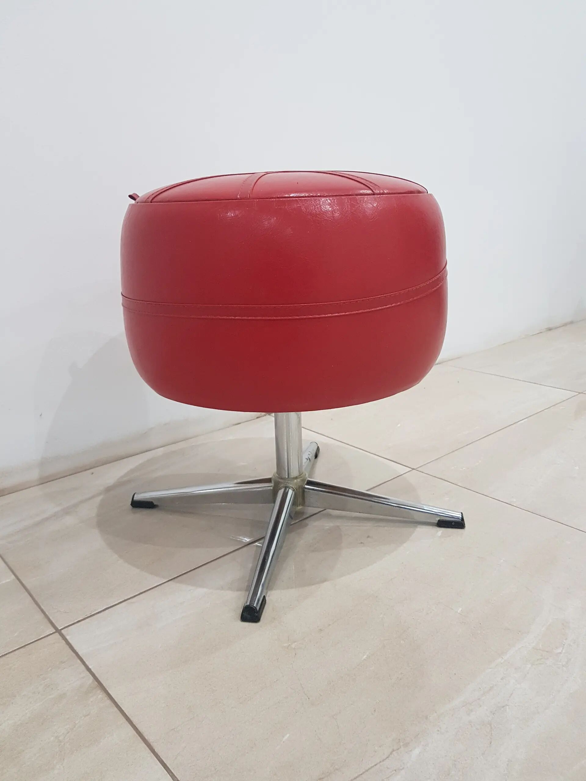 Pouf with storage function, red vinyl, chrome, Germany, 1960s