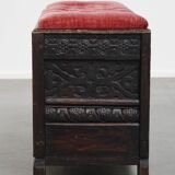 Antique English Bench/Chest with Red Tufted Seat