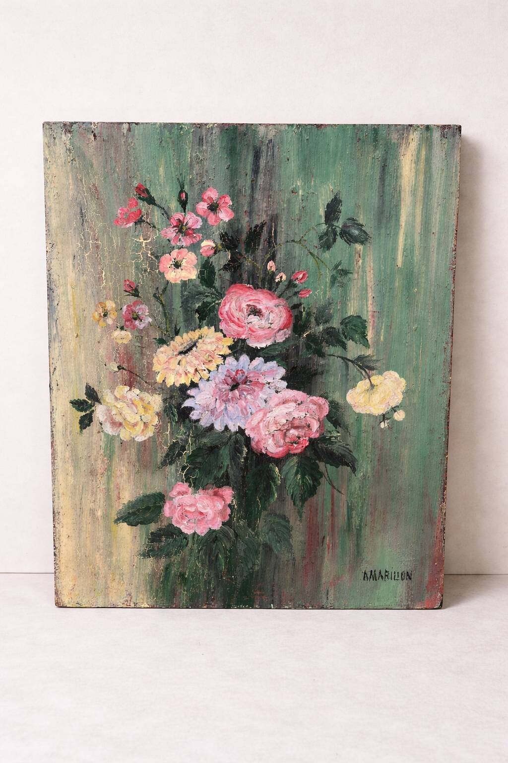 Antique painting – Bouquet of flowers on a patinated green background – signed