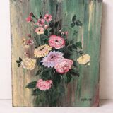 Antique painting – Bouquet of flowers on a patinated green background – signed