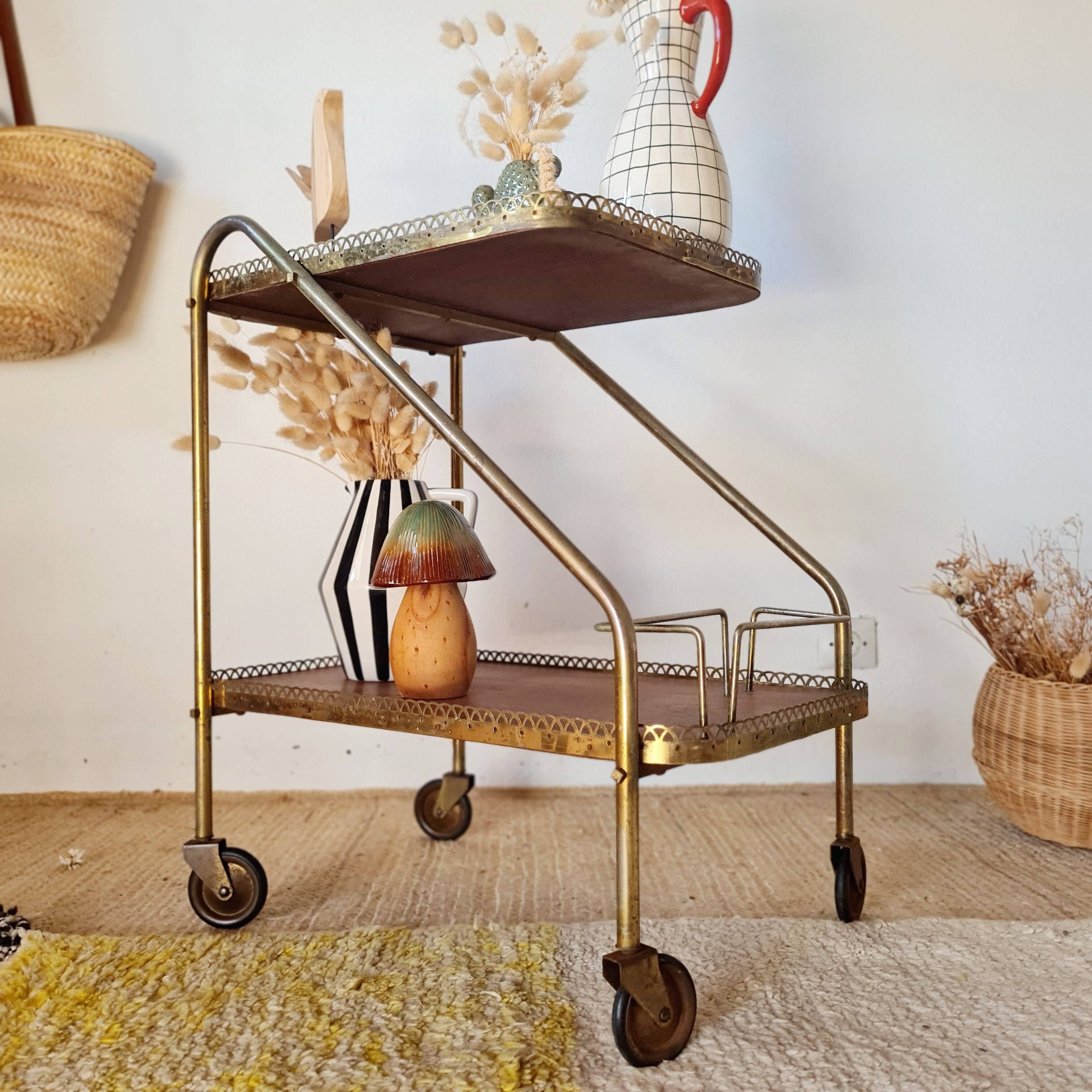 Vintage 1950s dessert bar - Gold metal and wood formica trays