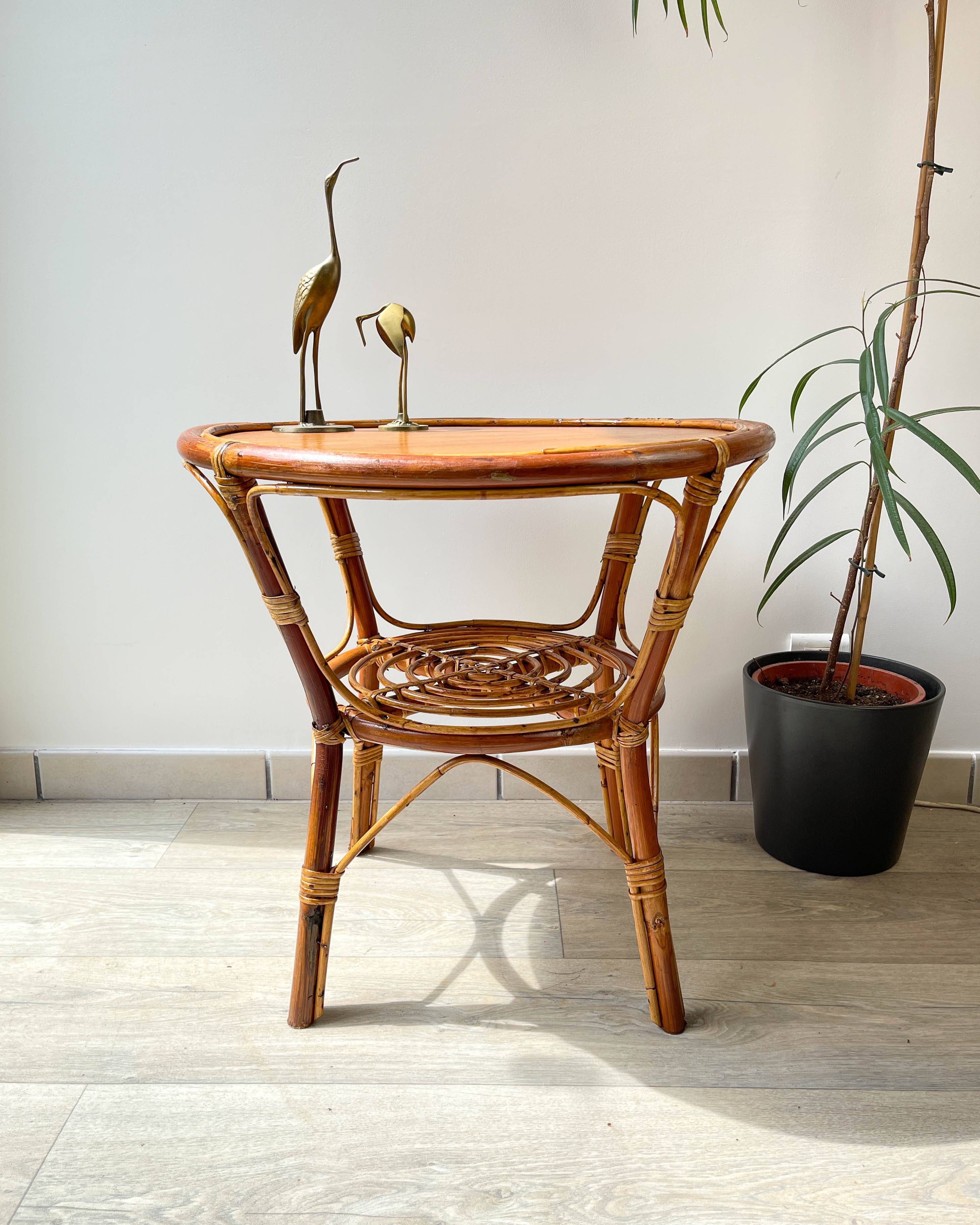 Vintage round rattan coffee table 1970