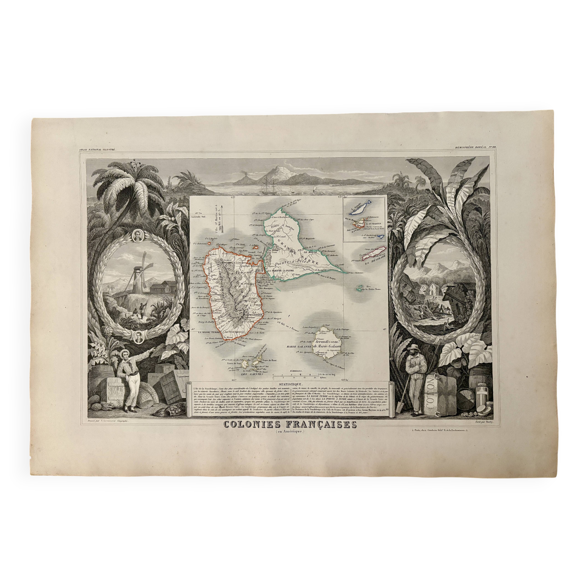 Old illustrated map of the Antilles Guadeloupe Grande-Terre – 1840