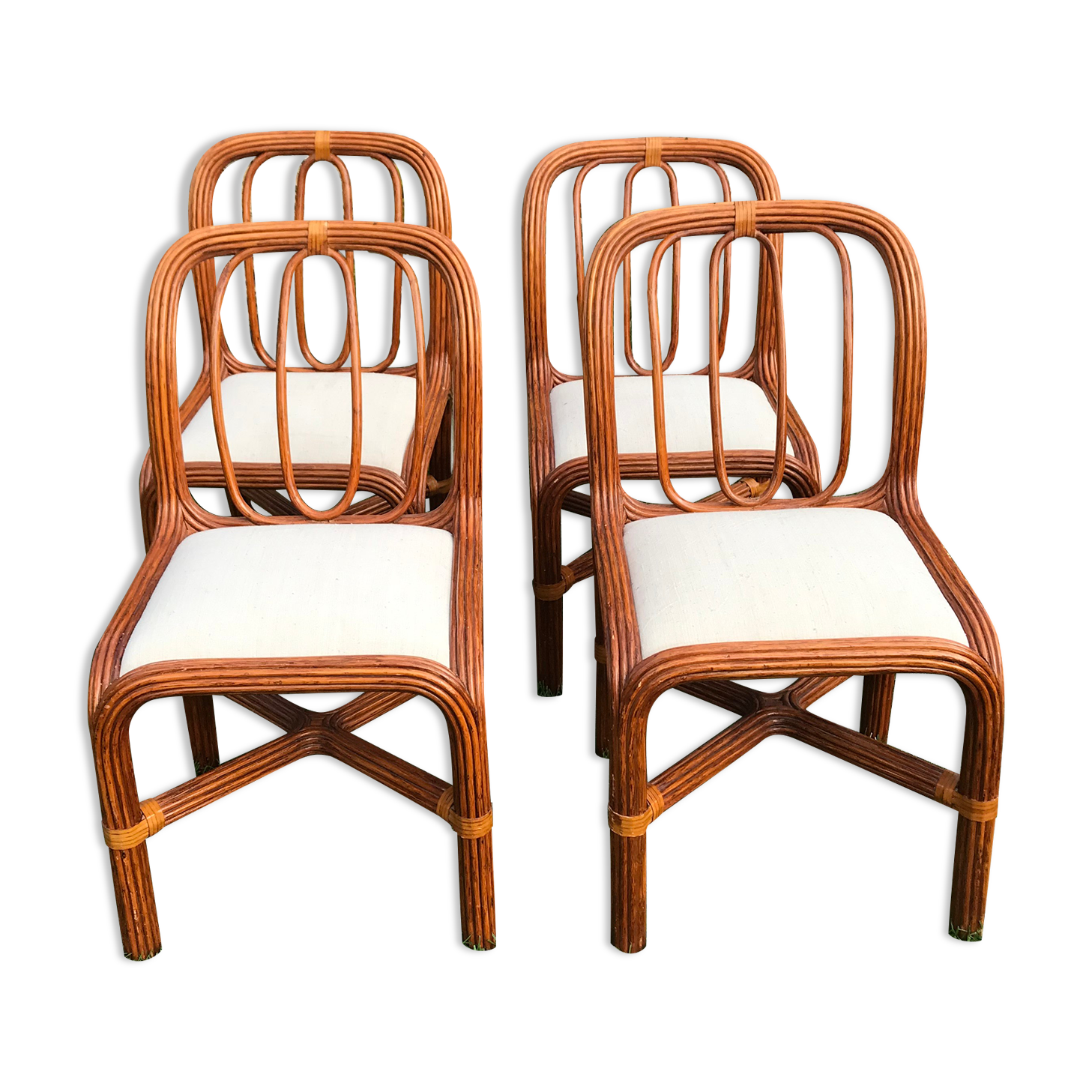 4 vintage rattan chairs seated linen and unbleached hemp