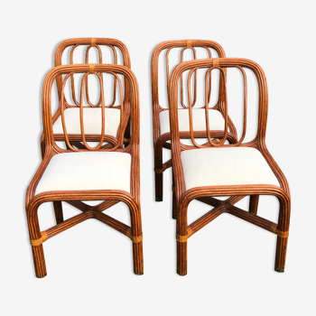 4 chaises rotin vintage assise lin et chanvre écru