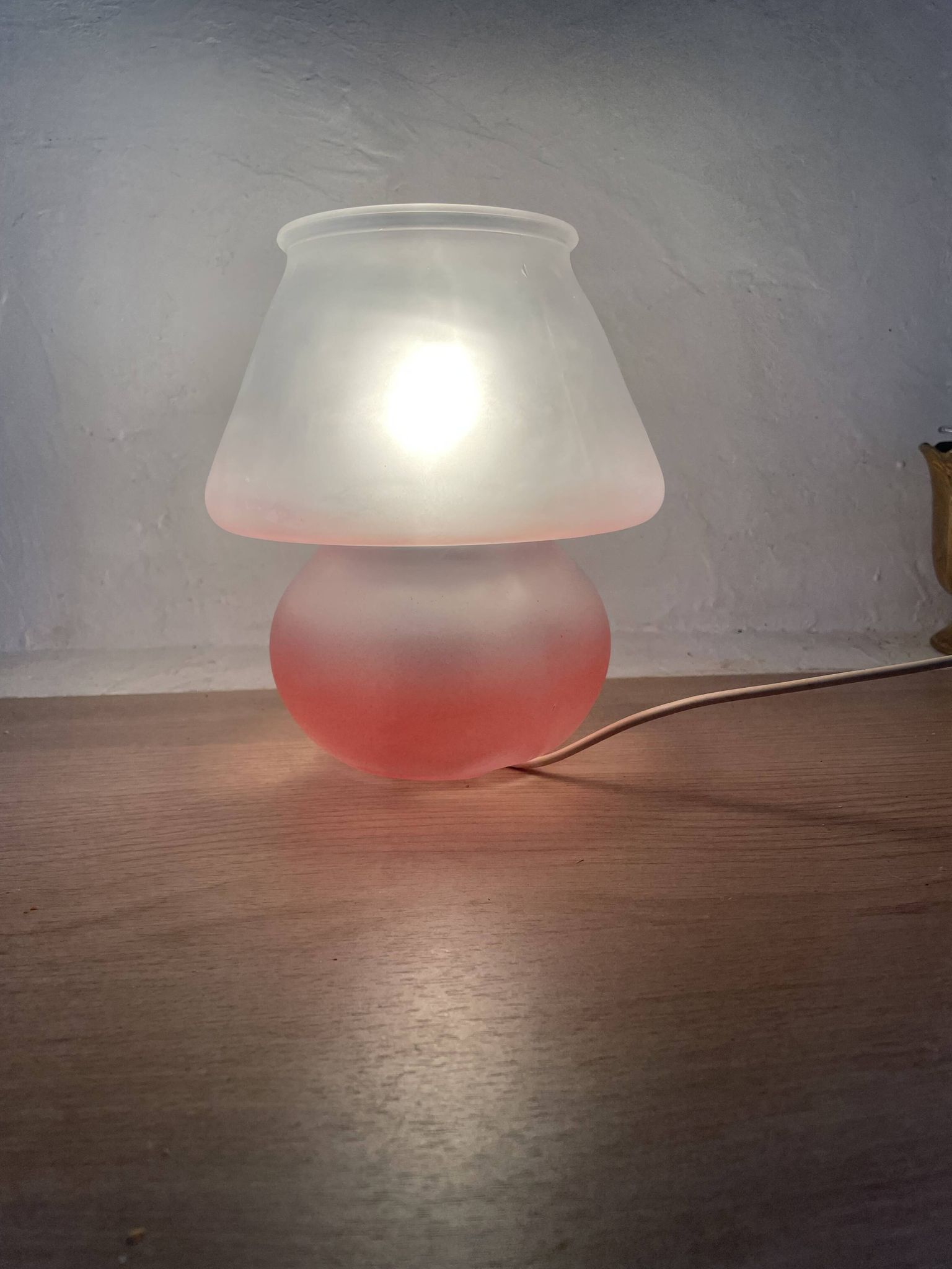 Pair of frosted pink glass mushroom lamps