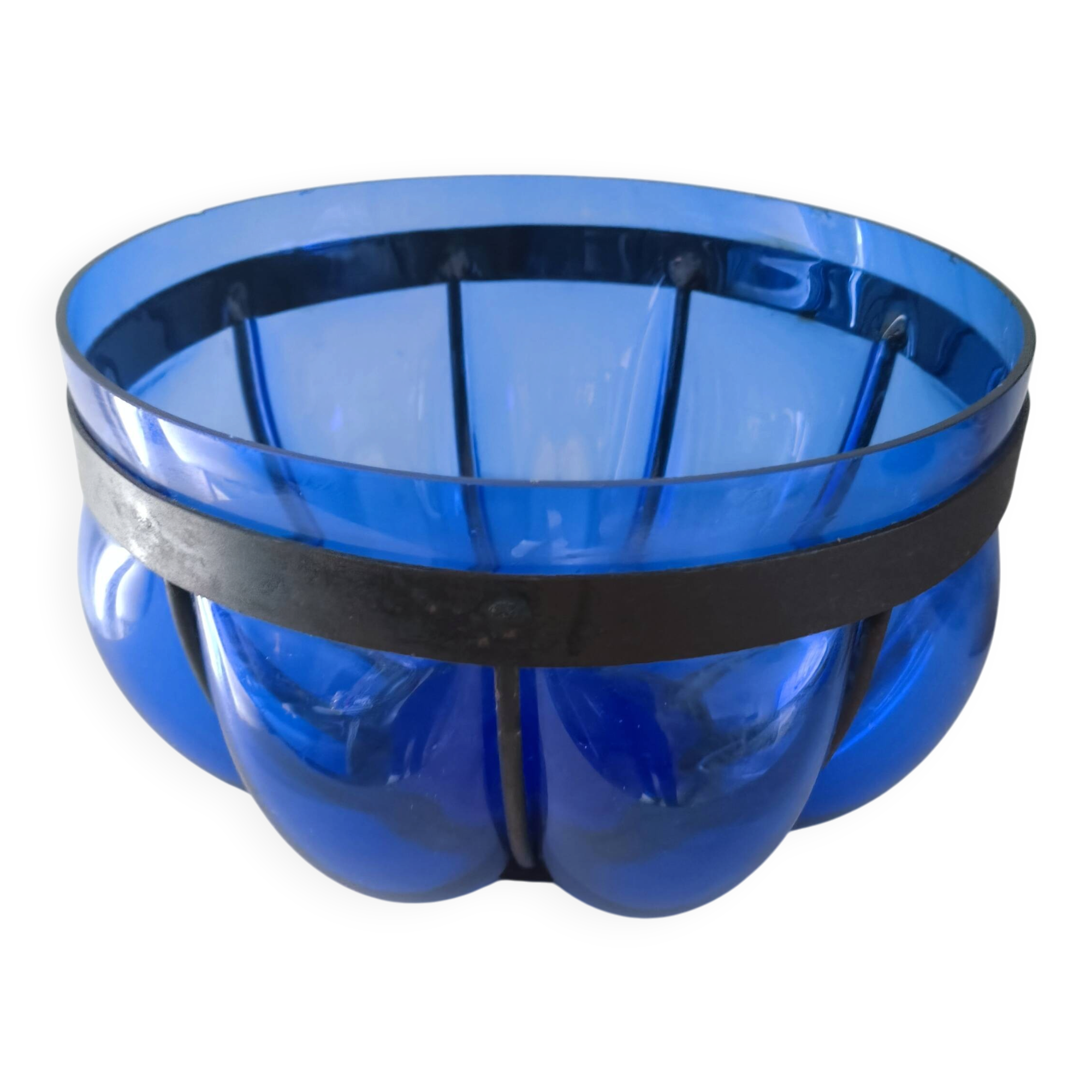Superb vintage blown glass bowl in cobalt blue with its iron frame.