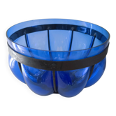 Superb vintage blown glass bowl in cobalt blue with its iron frame.