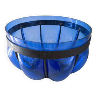 Superb vintage blown glass bowl in cobalt blue with its iron frame.