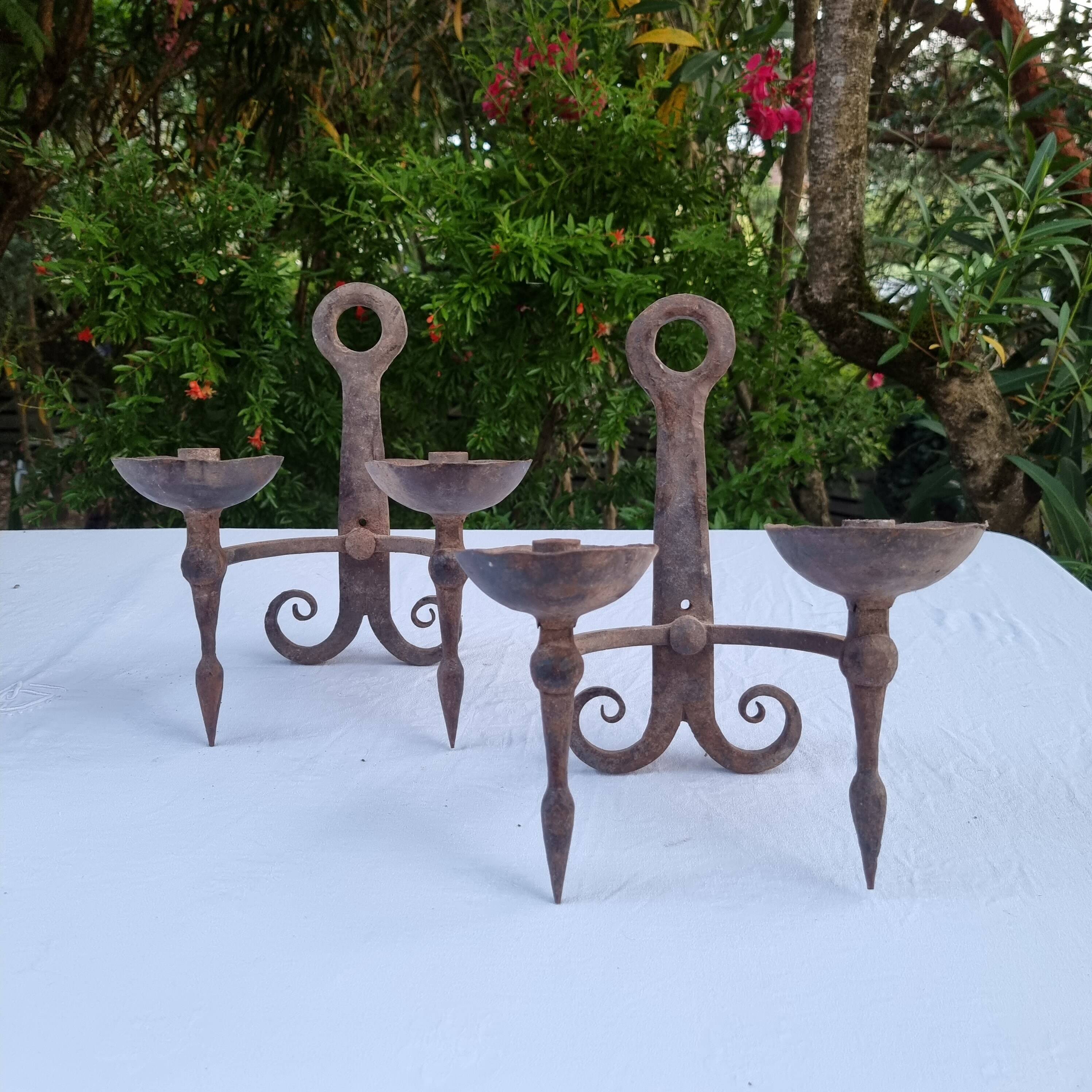 Pair of antique 15th century medieval castle wrought iron candlesticks