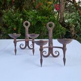 Pair of antique 15th century medieval castle wrought iron candlesticks