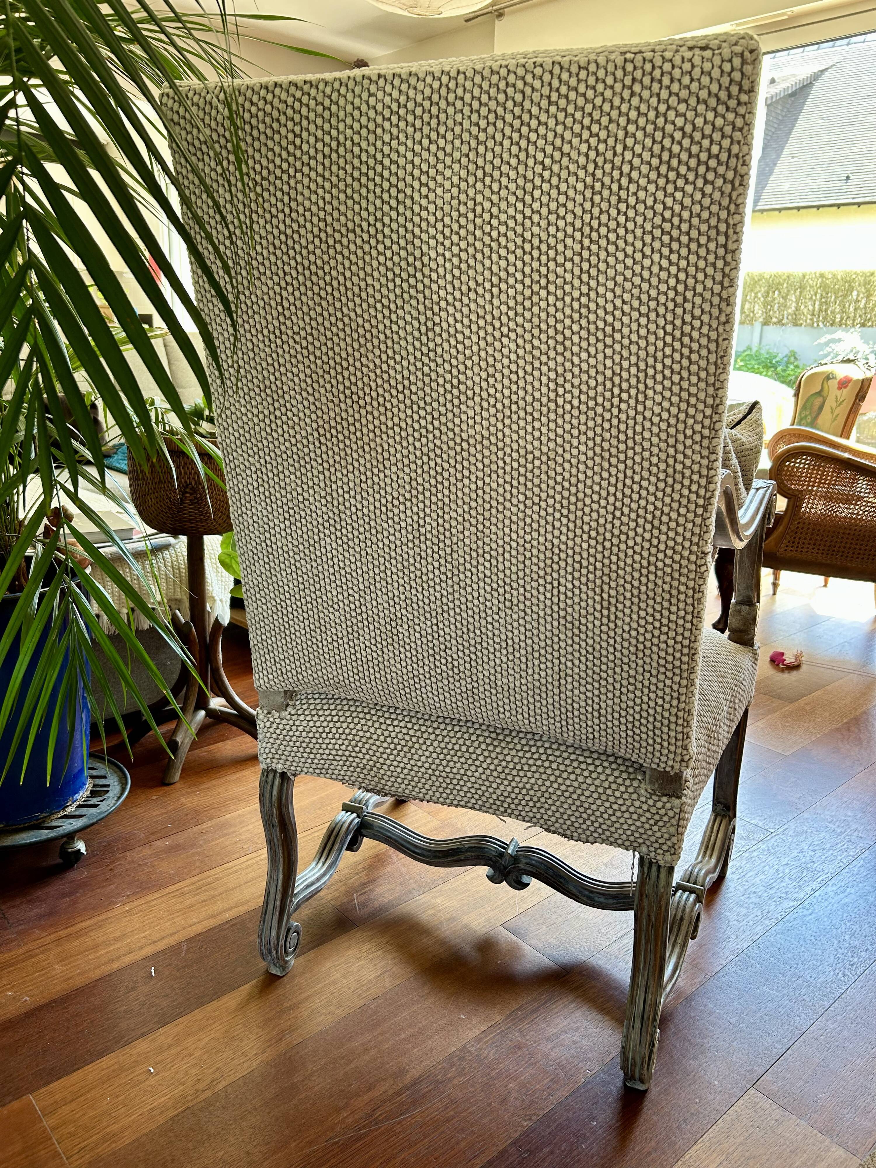 Restored Louis XIII armchair – textured beige fabric