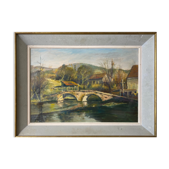 Painting HSP "The Roman Bridge" Venarey-les-Laumes (21) signed R. Bobin