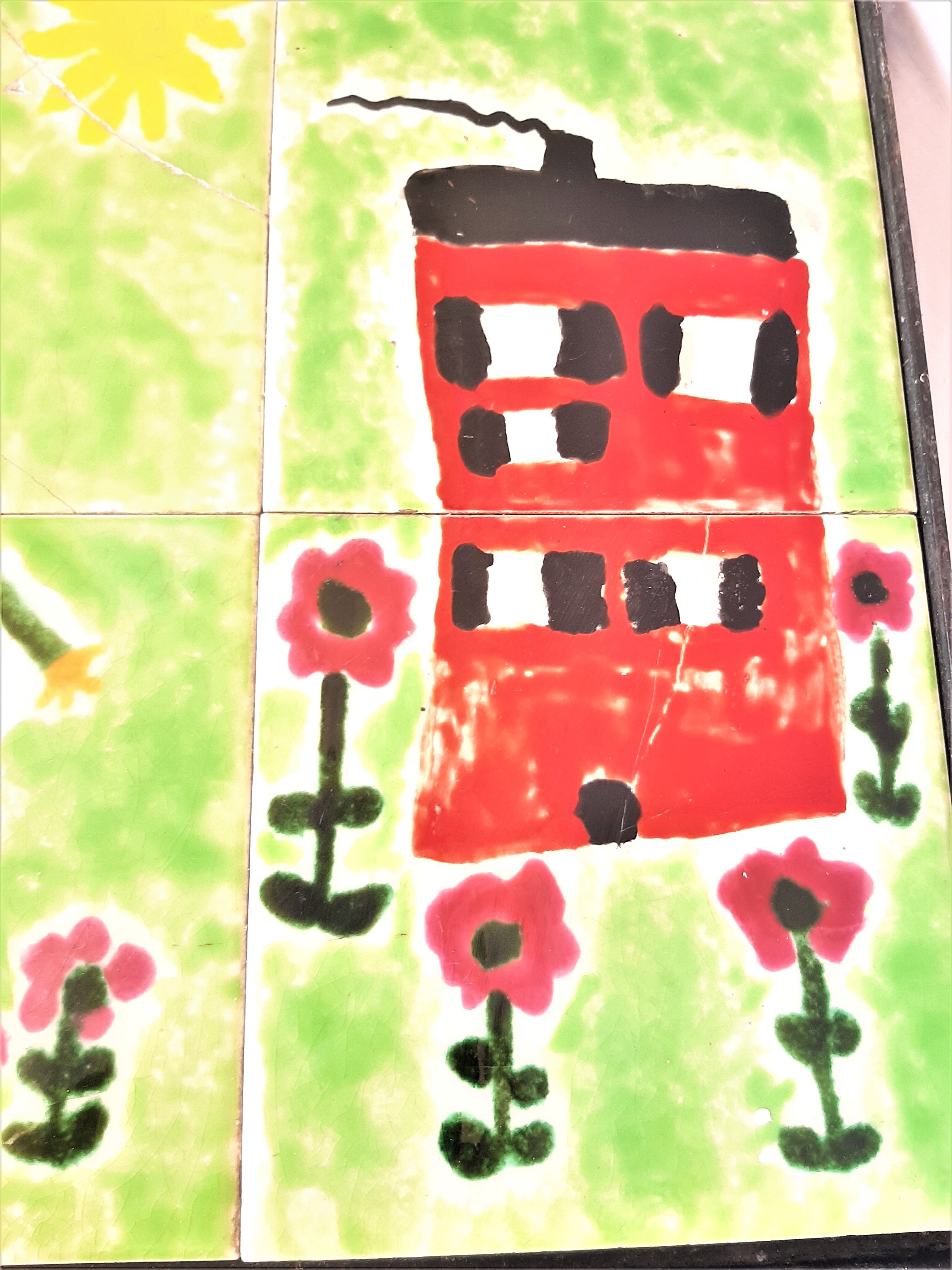 Children's coffee table, 70s with naïve drawing on ceramics, iron frame