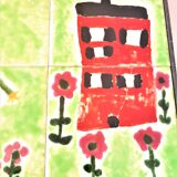Children's coffee table, 70s with naïve drawing on ceramics, iron frame