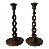 Pair of antique twisted turned wooden candlesticks 31 cm