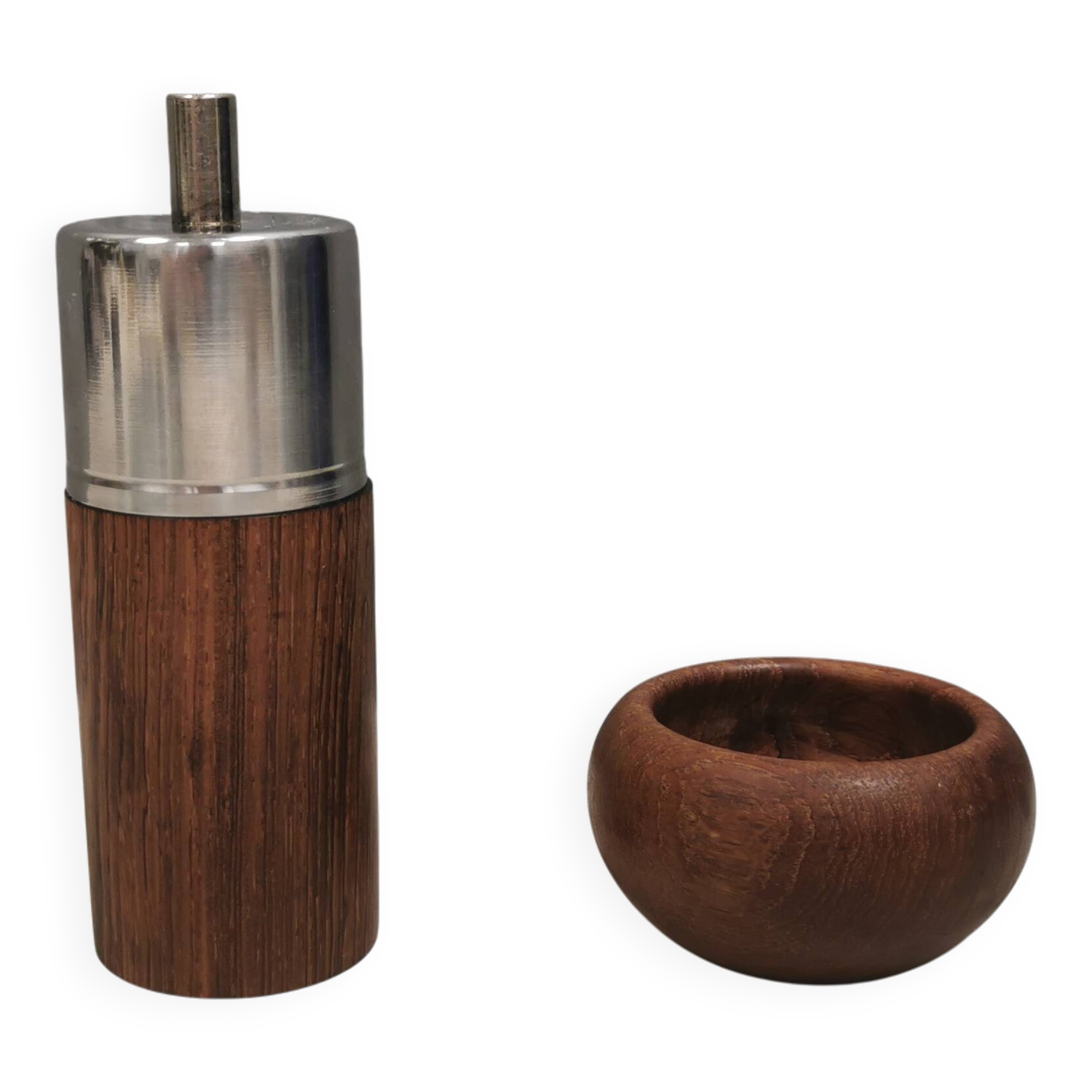 A salt shaker and a pepper mill in teak, made in Denmark 1960-70s