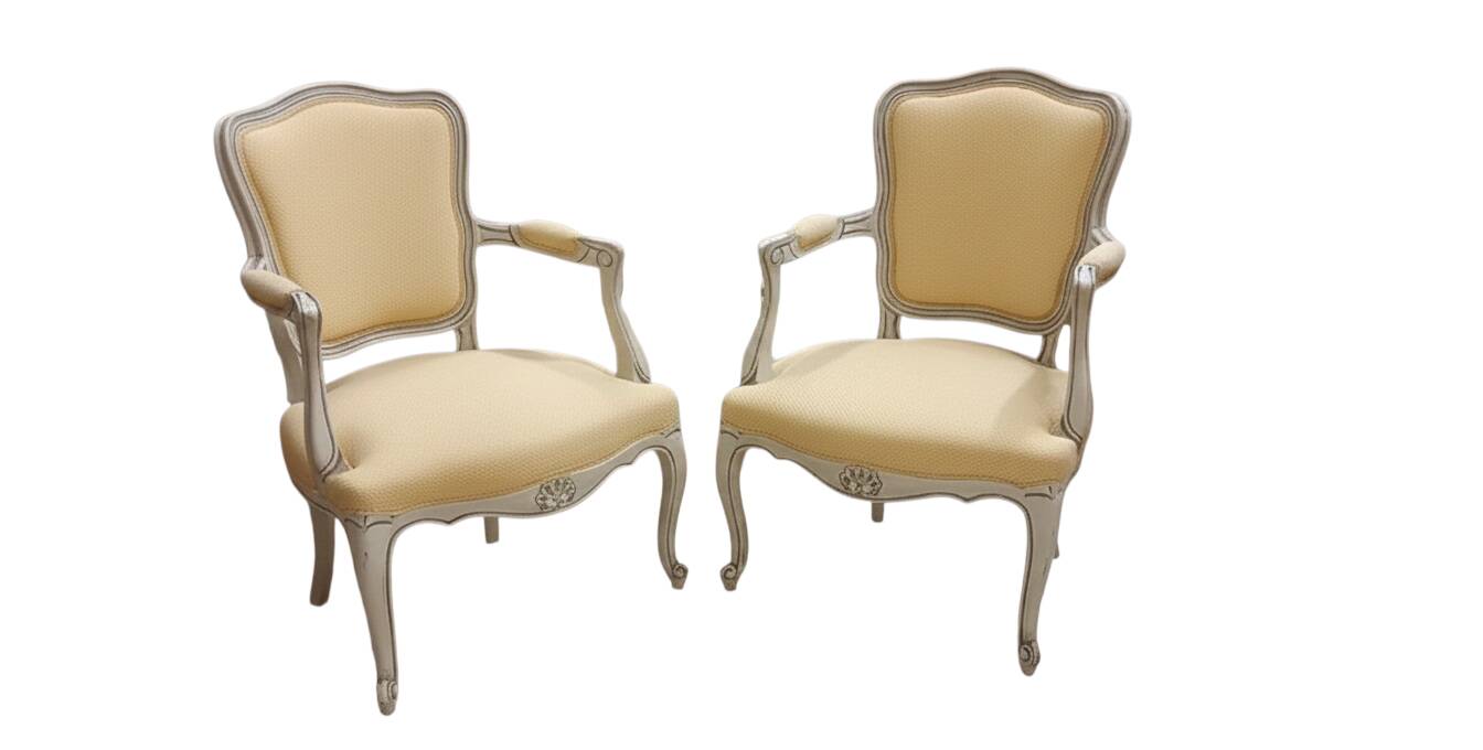 Pair of Cabriolet Armchairs in Louis XV Style - Patinated Wood and Yellow Fabric