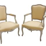 Pair of Cabriolet Armchairs in Louis XV Style - Patinated Wood and Yellow Fabric