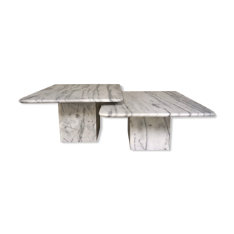 Suite of 2 vintage coffee tables in white marble, 80s