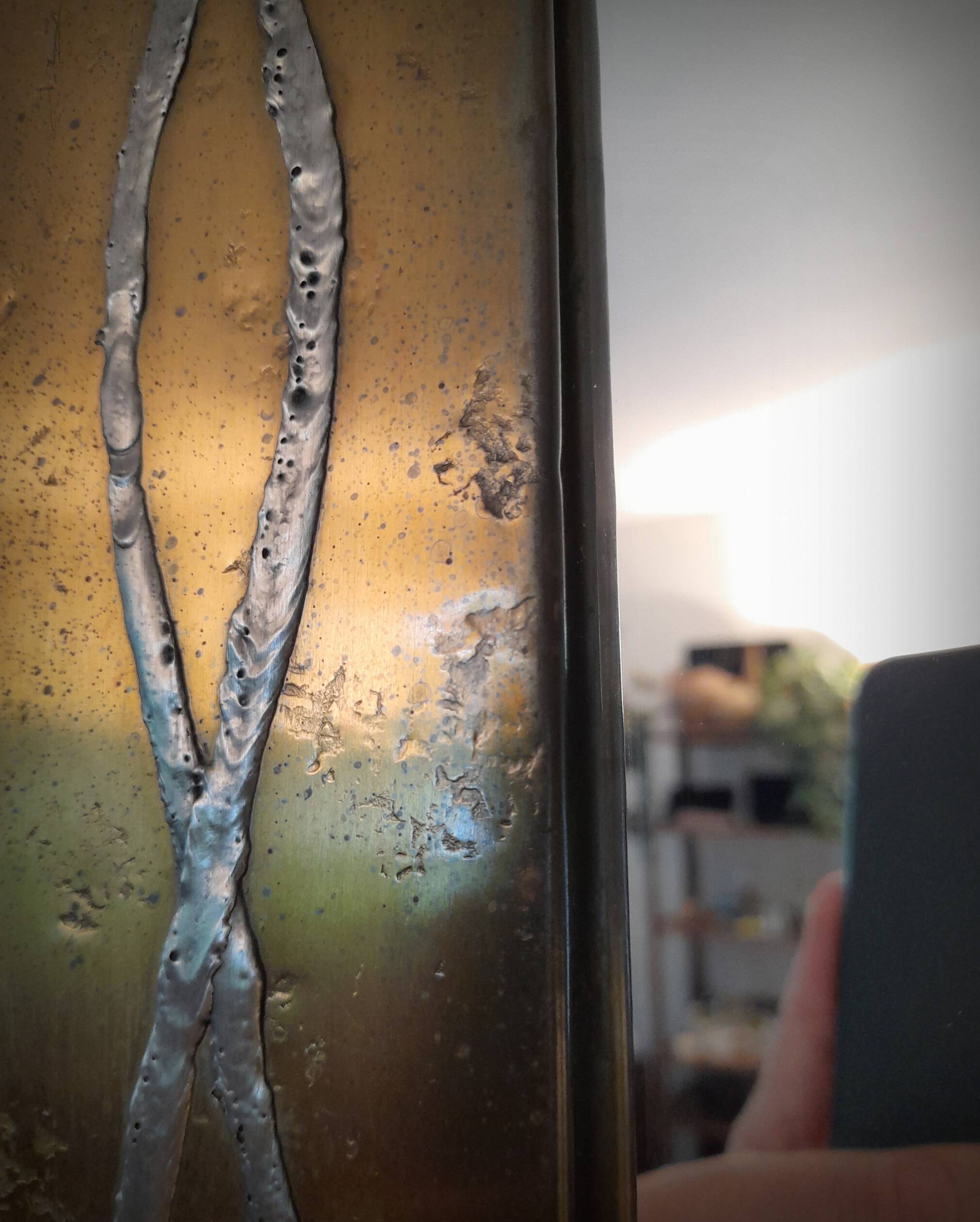 Brutalist brass mirror by Jean Goardere, France, 1970s