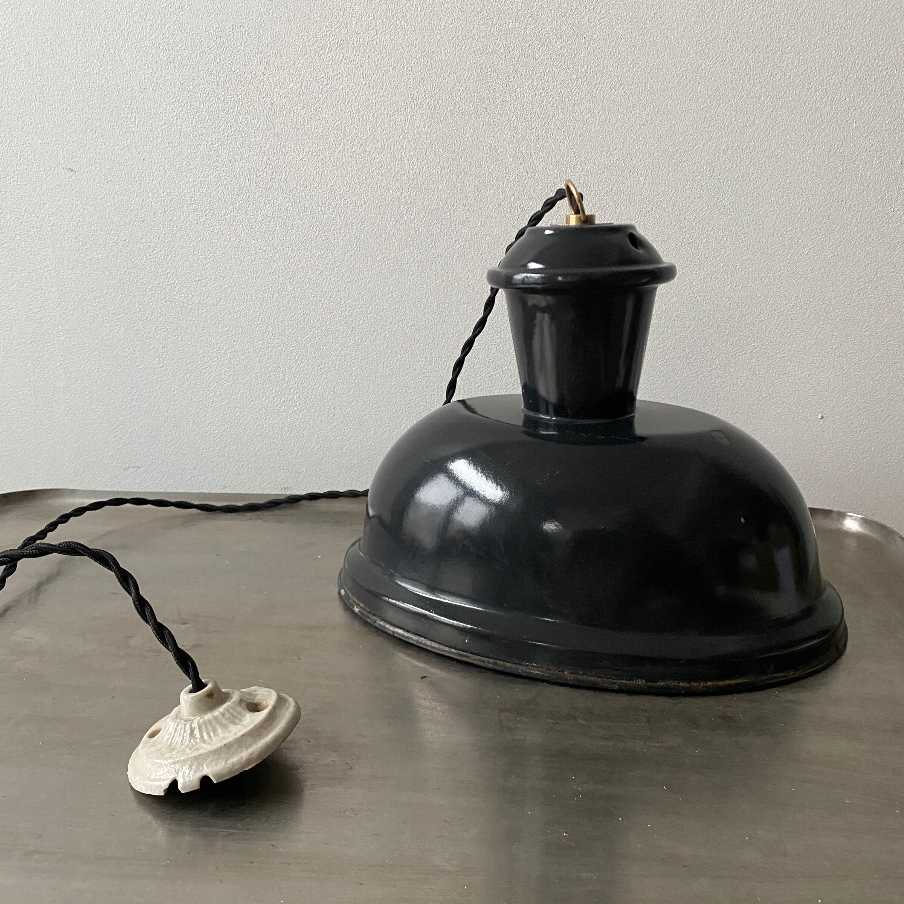 Old oval enamelled industrial hanging lamp