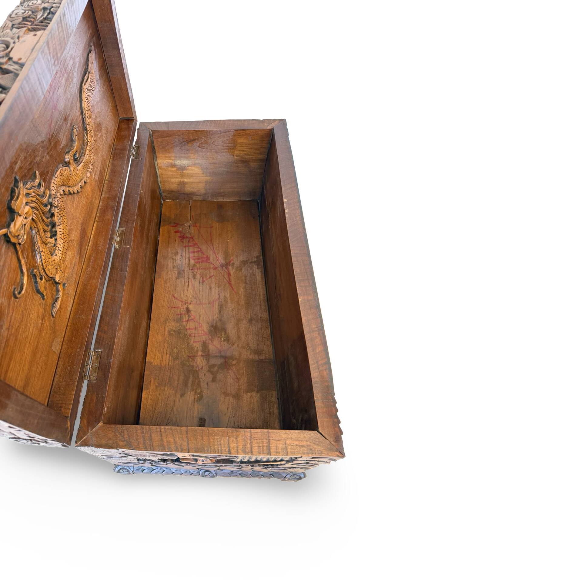 Antique Chinese Carved Export Chest – Dragon, Phoenix & Landscape Deco