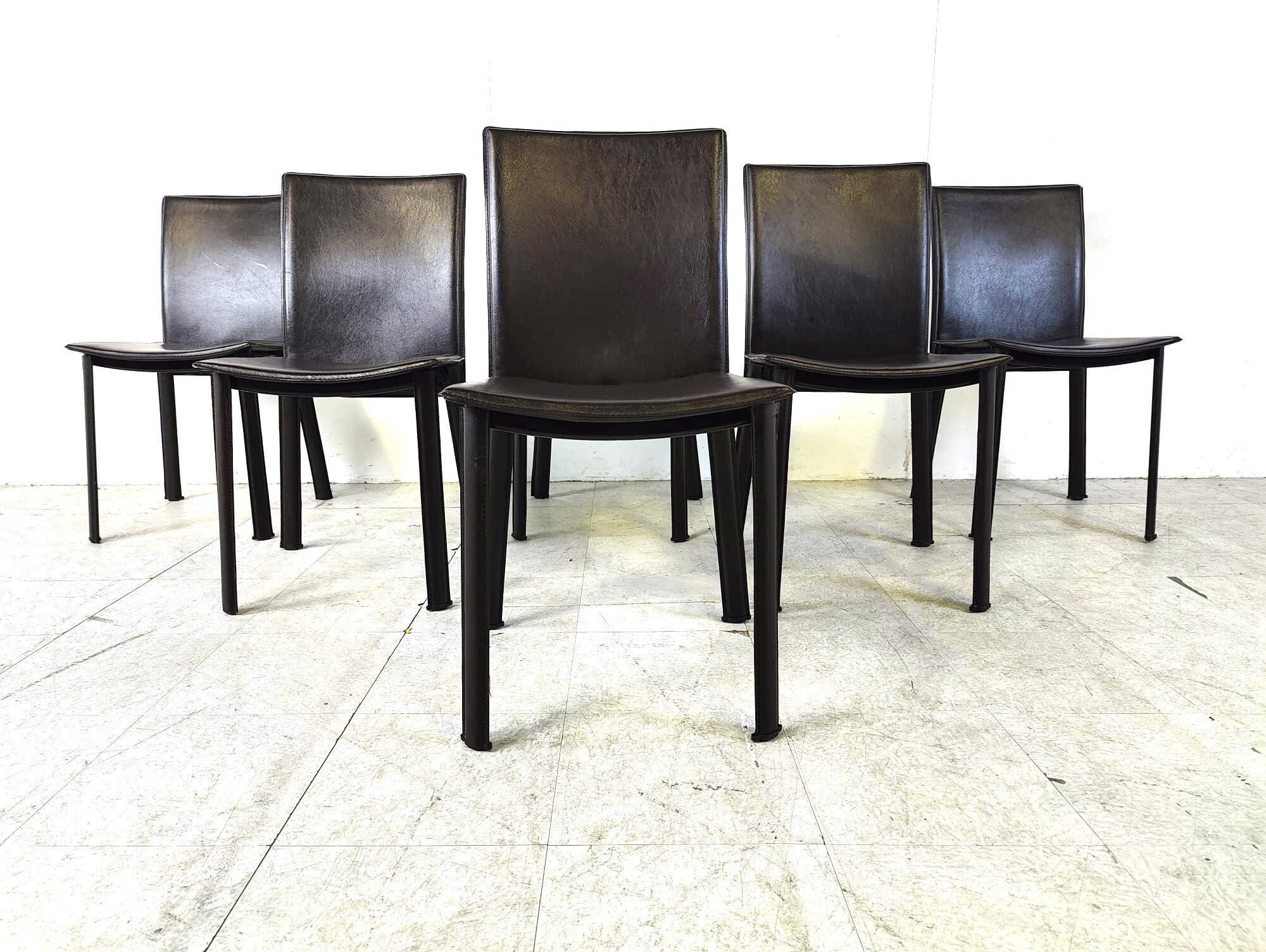 Dark brown leather dining chairs, set of 6 - 1980s