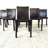 Dark brown leather dining chairs, set of 6 - 1980s