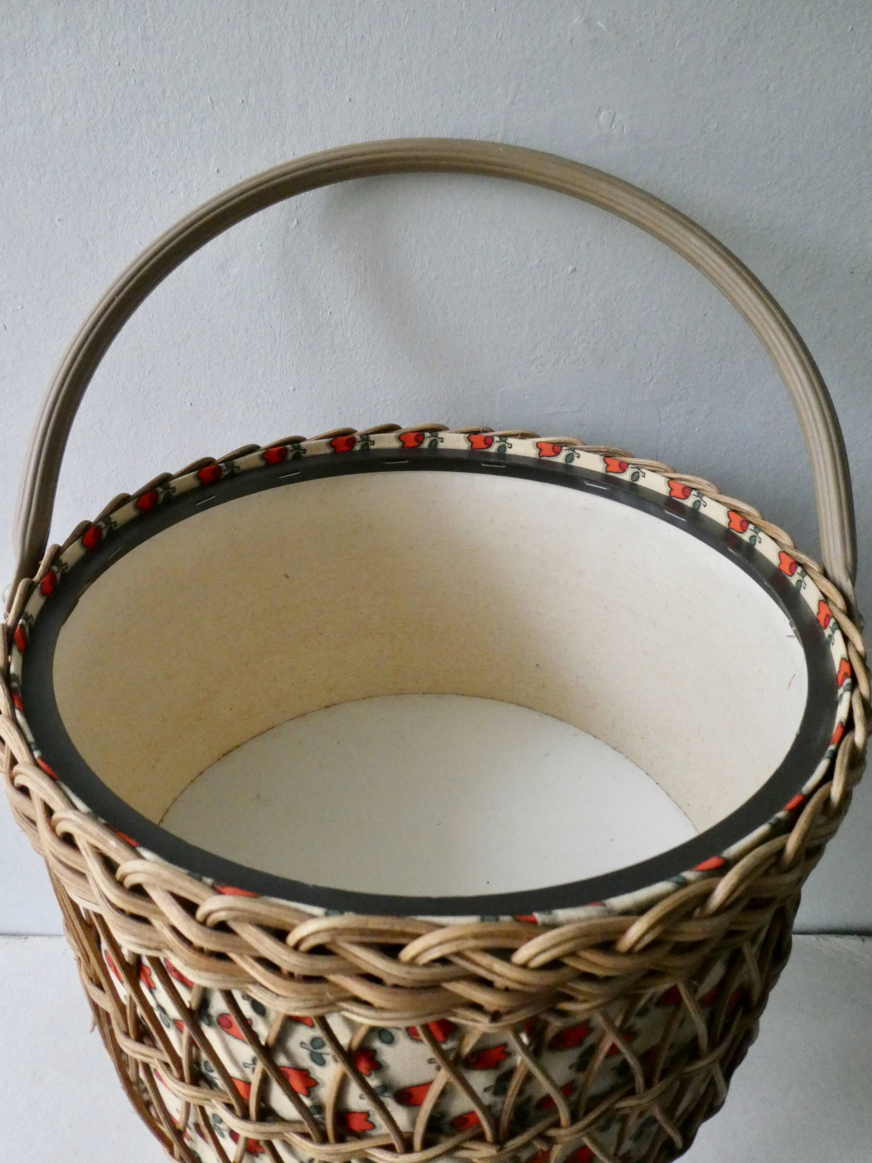 Tripod worker, sewing box, rattan and wood, 60s