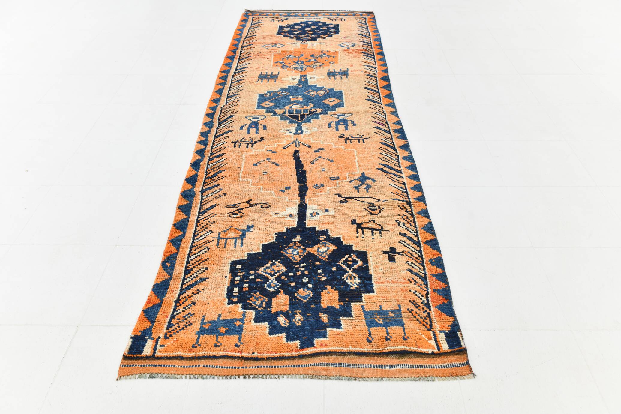 Tapis de couloir turc Orientel, orange délavé, bleu marine, 4 x 11, 105 x 339 cm, SK 23509