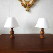Pair of turned wooden bedside lamps
