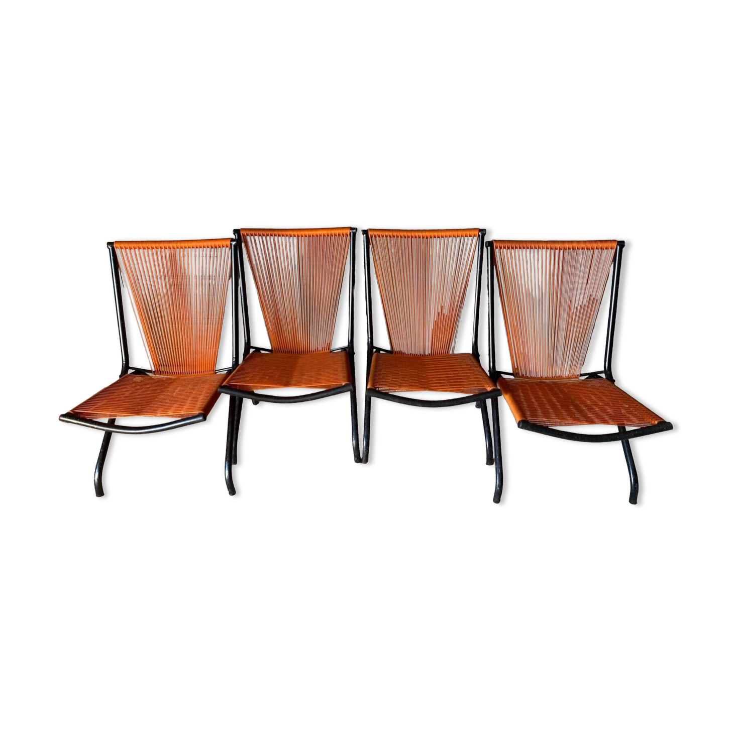 Suite of 4 folding armchairs scoubidou red and tubular black 1960