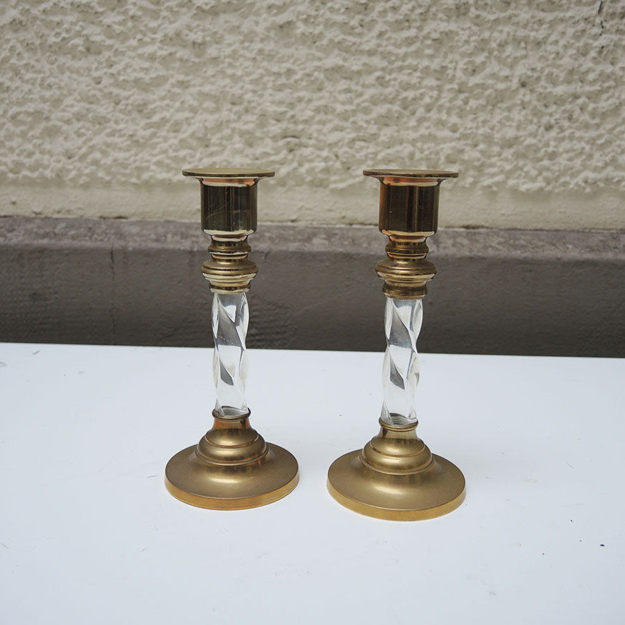 2 antique brass and twisted acrylic candlesticks