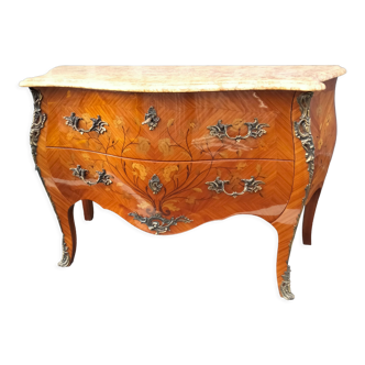 Commode ancienne style Louis XV marqueterie plateau marbre