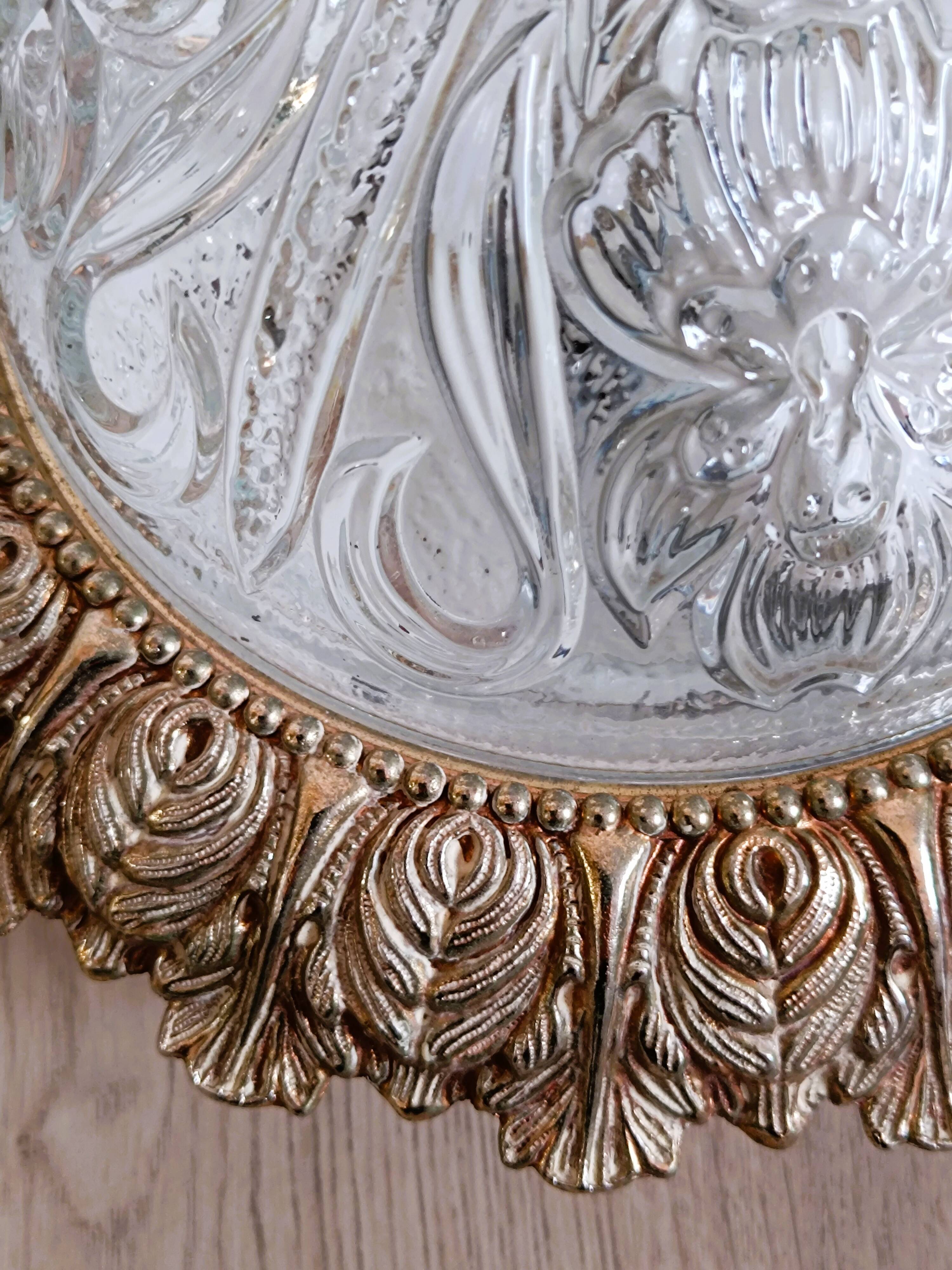 1960s molded glass ceiling light with brass crown