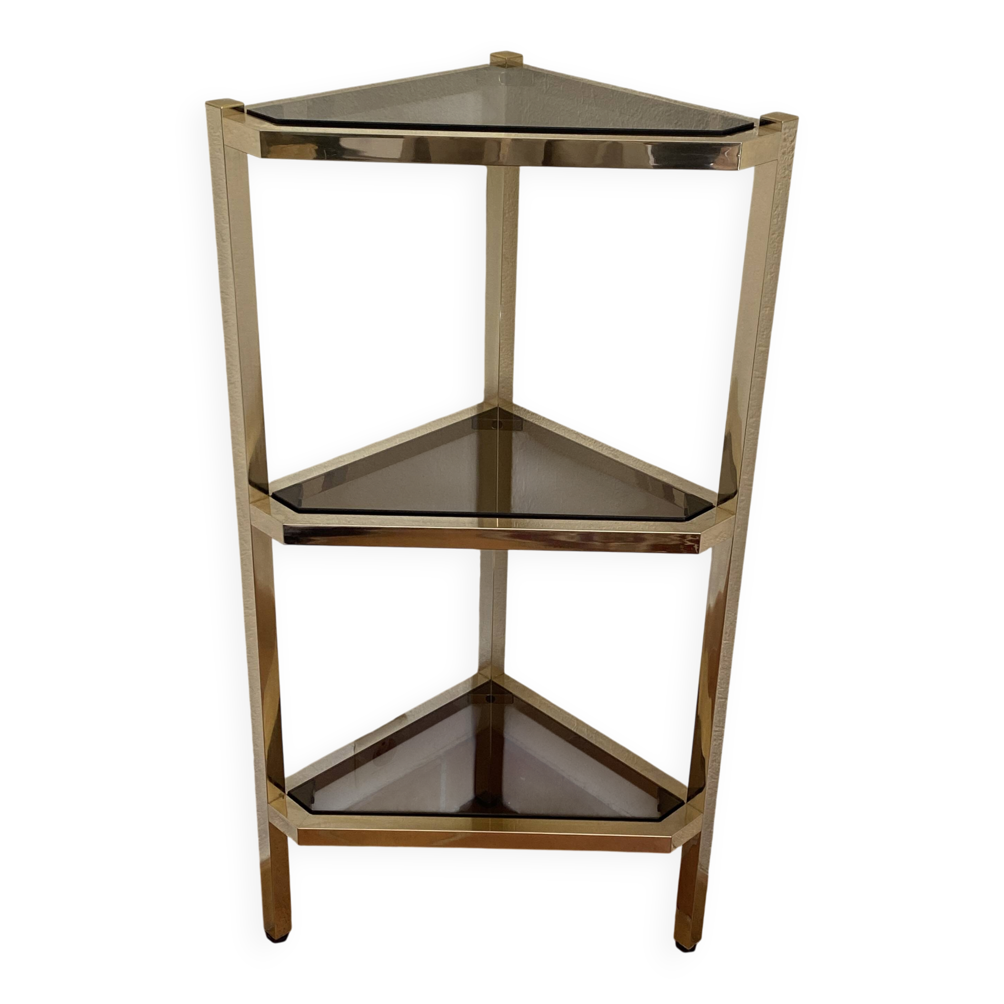 Console d’angle en laiton et verre fumés