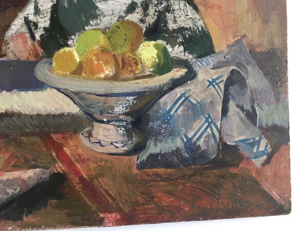 Scène d'intérieur ''Couturière à la table de la cuisine'' huile sur bois 50s