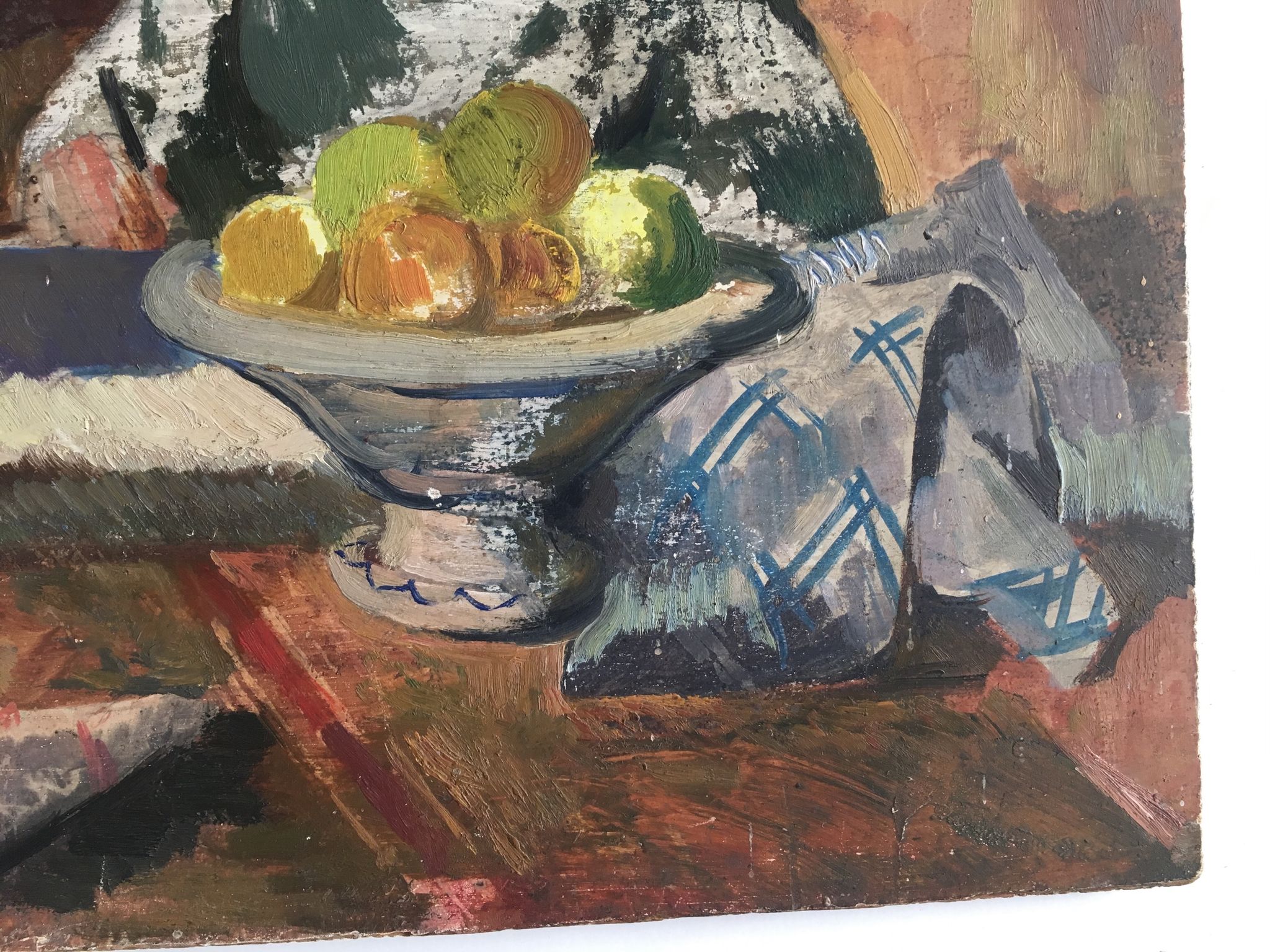 Interior scene "Seamstress at the kitchen table" oil on wood 50s