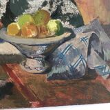 Interior scene "Seamstress at the kitchen table", oil on wood 50s