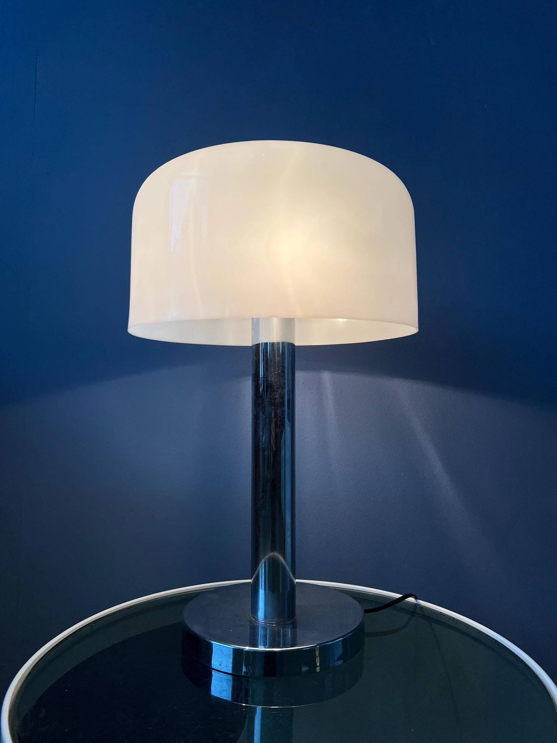 Space Age table lamp in chrome with white plexiglass mushroom shade.